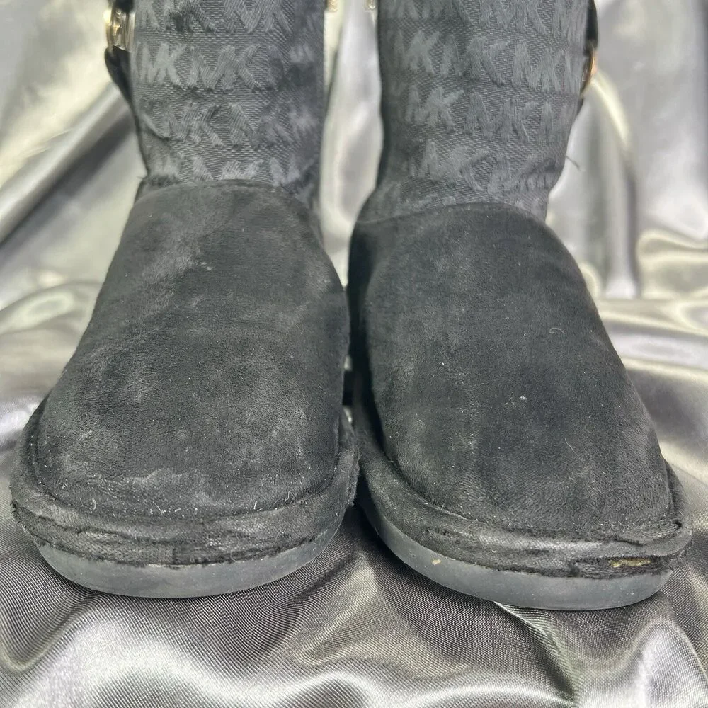 Michael Kors Yancy Faux‎ Fur Boots Booties Girls 13 Black / Gold MK Logo Winter
